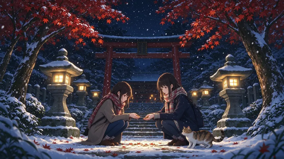 4k雪夜神社少女｜背景图片 - 冬日红枫暖灯「哲风壁纸」