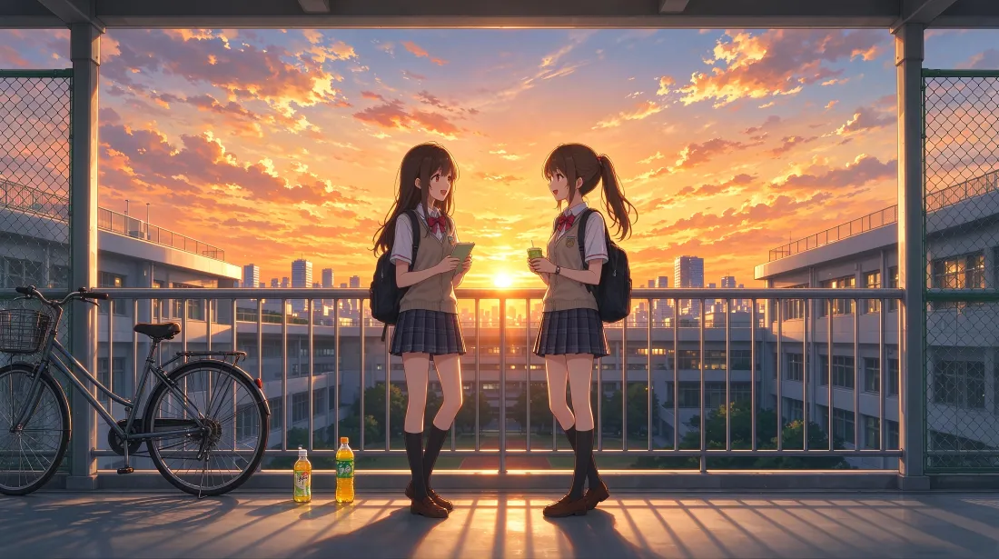 4k二次元少女｜夕阳天桥背景图片 - JK制服学生与城市晚霞「哲风壁纸」