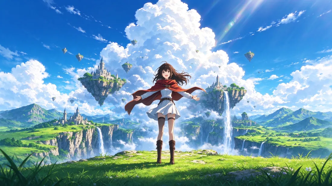 3k披风少女壁纸｜奇幻浮空岛背景图片 - 晴空草原二次元「哲风壁纸」