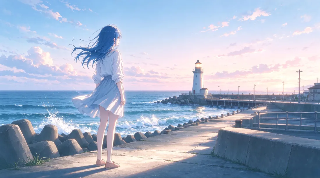 4k二次元少女壁纸｜海边灯塔背景图片 - 白裙长发「哲风壁纸」