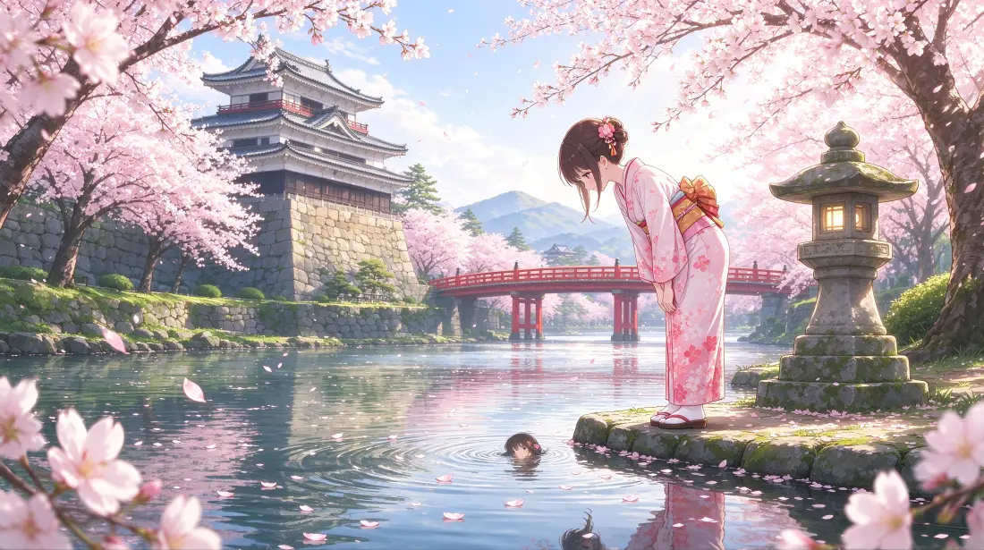 4k樱花和服少女｜日式城堡背景图片 - 春日河岸二次元风景「哲风壁纸」
