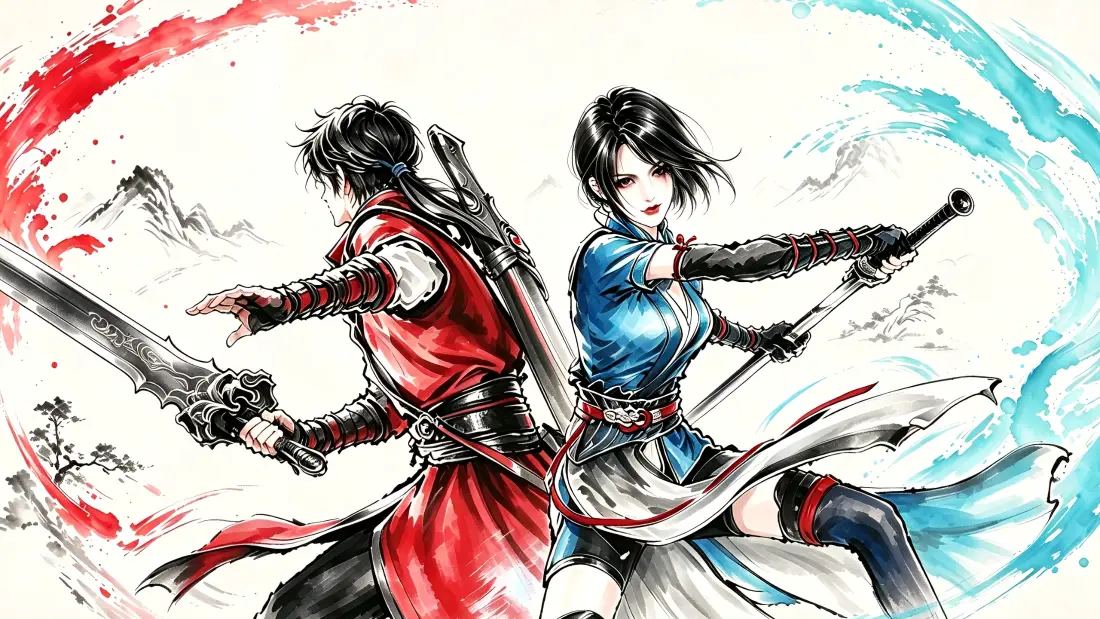 3k李星云姬如雪壁纸｜水墨武侠背景图片 - 不良人星雪双侠持剑「哲风壁纸」