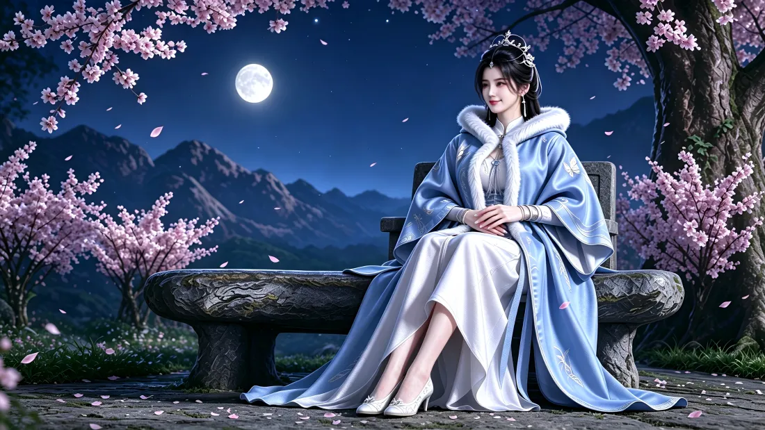 3k李慕婉壁纸｜仙逆月夜桃花背景图片 - 蓝披风古风仙女神情「哲风壁纸」