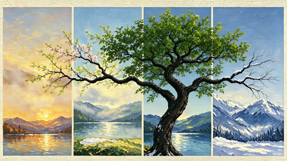 3k四季古树油画｜山水风景背景图片 - 春夏秋冬「哲风壁纸」