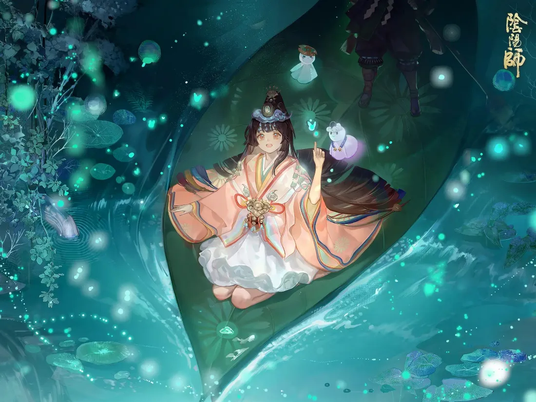 2k阴阳师壁纸｜萤光河流背景图片 - 粉衣少女乘叶夜行「哲风壁纸」