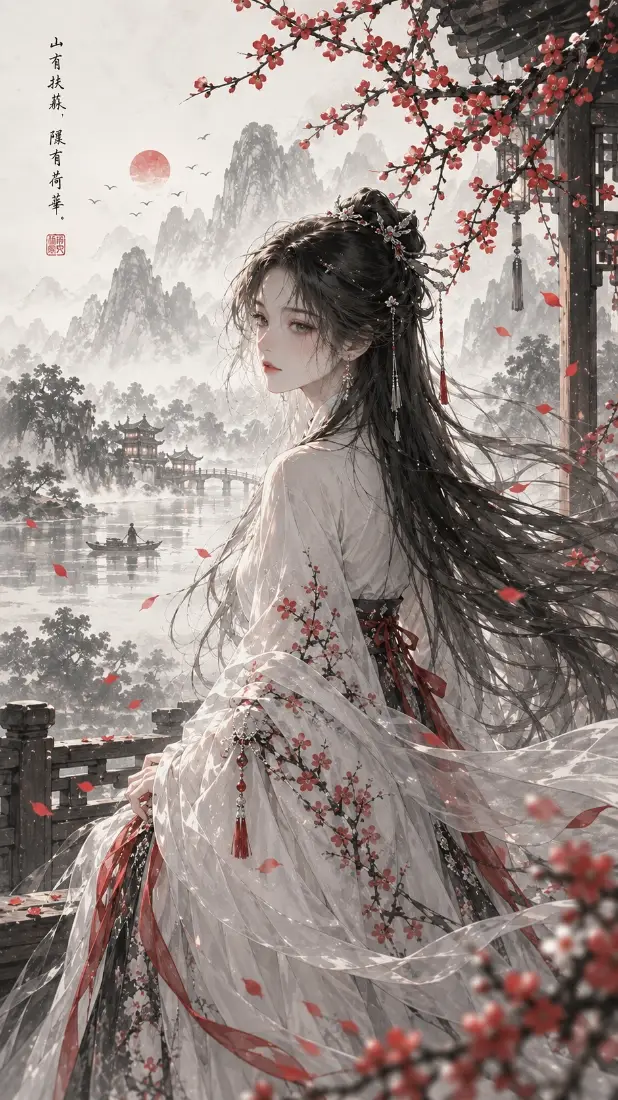 古风汉服美女｜水墨山水背景图片 - 梅花红衣国风少女「哲风壁纸」