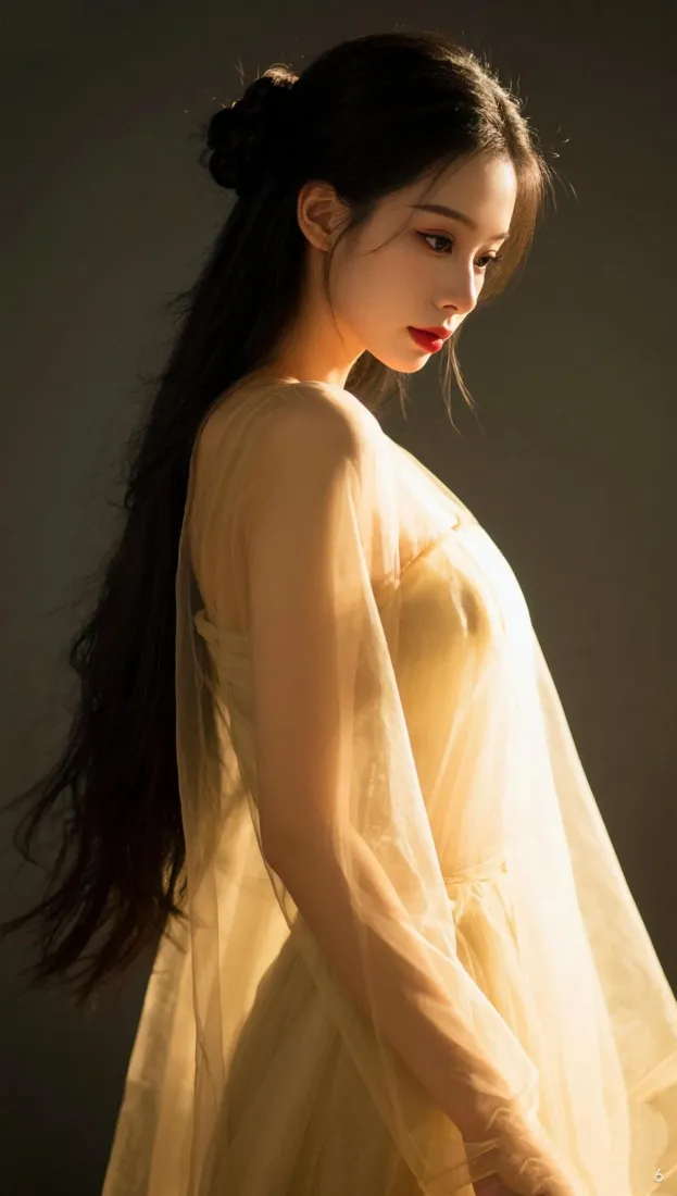 古风美女手机壁纸｜暖黄薄纱背景图片 - 侧颜长发写真「哲风壁纸」