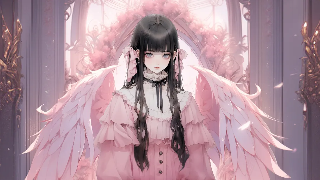 4k粉翼少女壁纸｜背景图片 - 黑长直粉裙花拱梦幻少女「哲风壁纸」