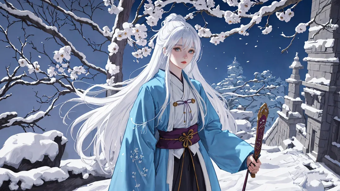2k古风白发少女壁纸｜雪景梅花背景图片 - 蓝衣持剑二次元「哲风壁纸」