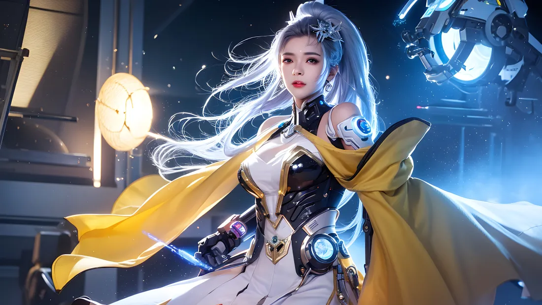 4k科幻机甲少女壁纸｜未来科技背景 - 白发黄披风机械姬「哲风壁纸」