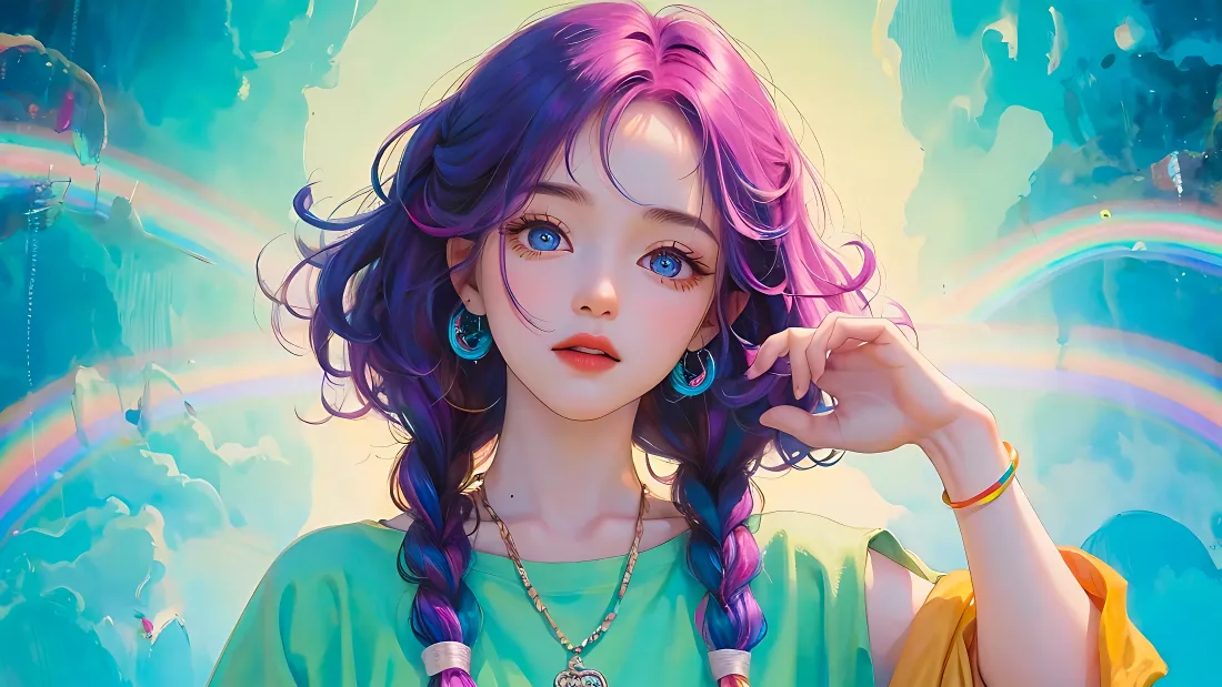 4k紫发少女壁纸｜二次元插画背景图片 - 梦幻彩虹少女「哲风壁纸」