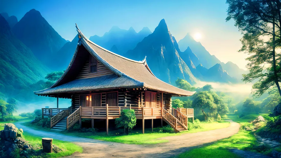 4k山间木屋壁纸｜背景图片 - 森林晨光自然风景「哲风壁纸」
