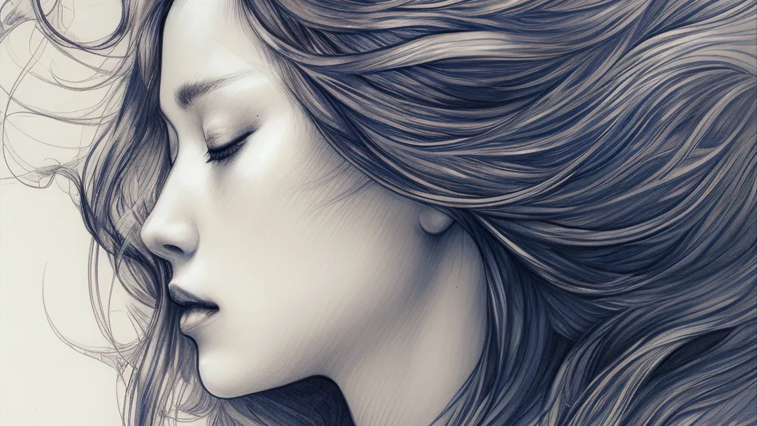 4k长发女性侧脸壁纸｜素描风背景图片 - 飘逸长发「哲风壁纸」