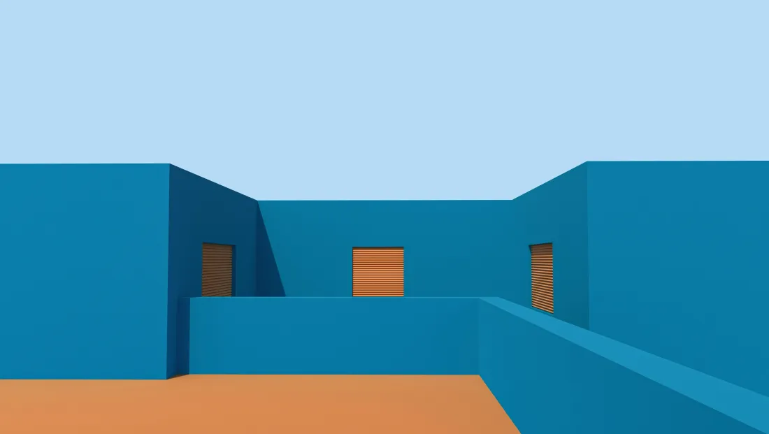 4k蓝墙建筑插画壁纸｜扁平风背景图片 - 几何色块「哲风壁纸」