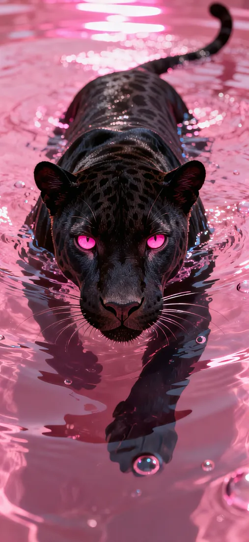 黑豹手机壁纸｜粉瞳涉水背景图片 - 酷飒猛兽粉水氛围「哲风壁纸」