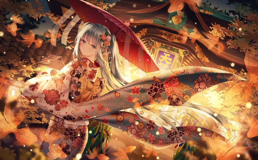 5k初音未来壁纸｜红叶和服背景图片 - 撑红伞双马尾少女「哲风壁纸」