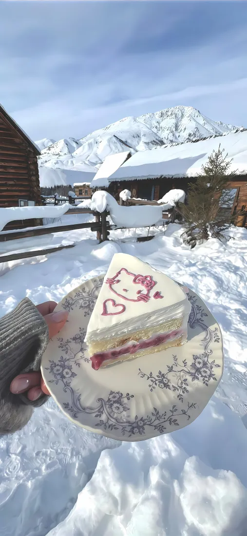 HelloKitty蛋糕｜雪地木屋背景图片 - 冬日奶油甜点「哲风壁纸」