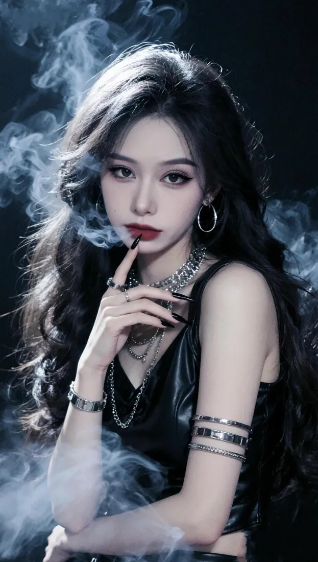 冷艳御姐美女手机壁纸｜暗黑背景图片 - 烟雾氛围感黑裙造型「哲风壁纸」