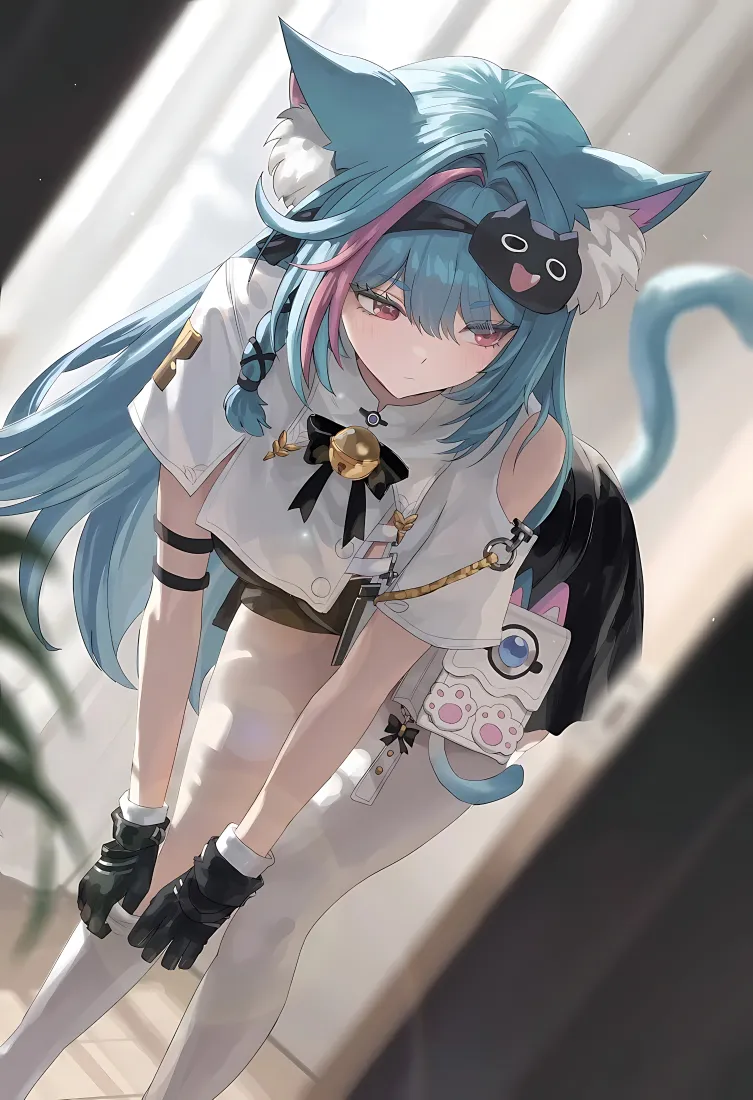 蓝发猫娘手机壁纸｜白衬衫铃铛背景图片 - 猫耳少女室内光影「哲风壁纸」