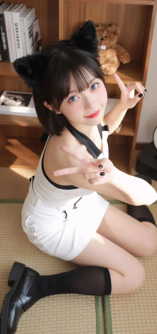 猫耳少女手机壁纸｜室内榻榻米背景 - 白色吊带黑丝比耶「哲风壁纸」