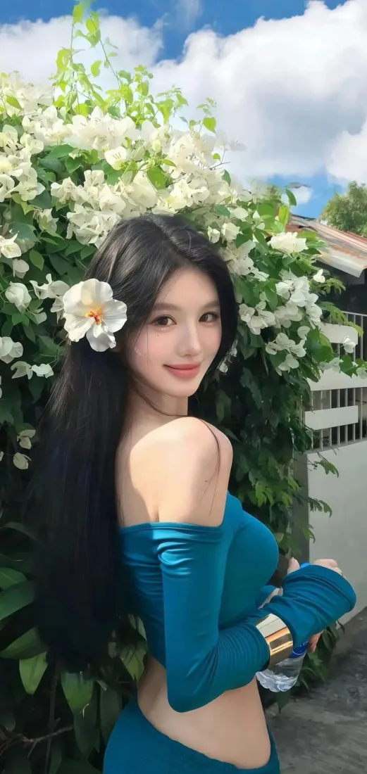 蓝衣美女手机壁纸｜花丛背景图片 - 长发戴花露腰写真「哲风壁纸」