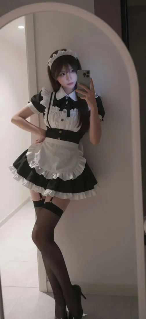 女仆装美女手机壁纸｜对镜自拍背景图片 - 黑丝短裙cos造型「哲风壁纸」