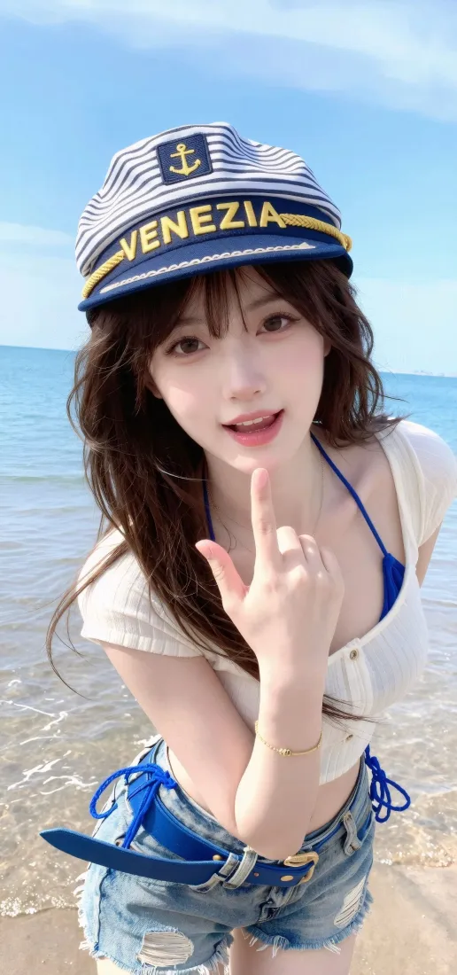 海边元气美女手机壁纸｜夏日海滩背景图片 - 水手帽牛仔短裤少女「哲风壁纸」