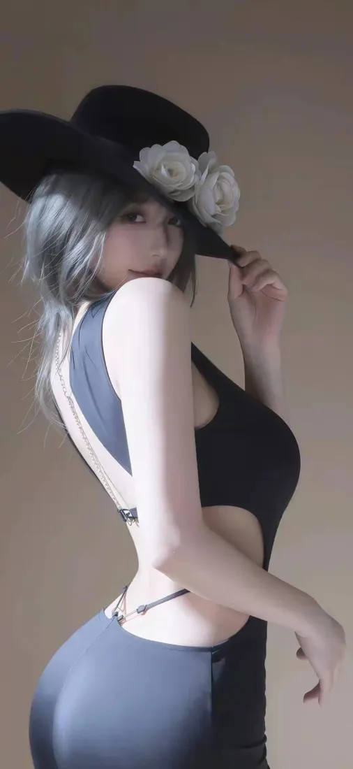 银发冷艳美女手机壁纸｜黑帽露背背景图片 - 蓝裙3D人像「哲风壁纸」