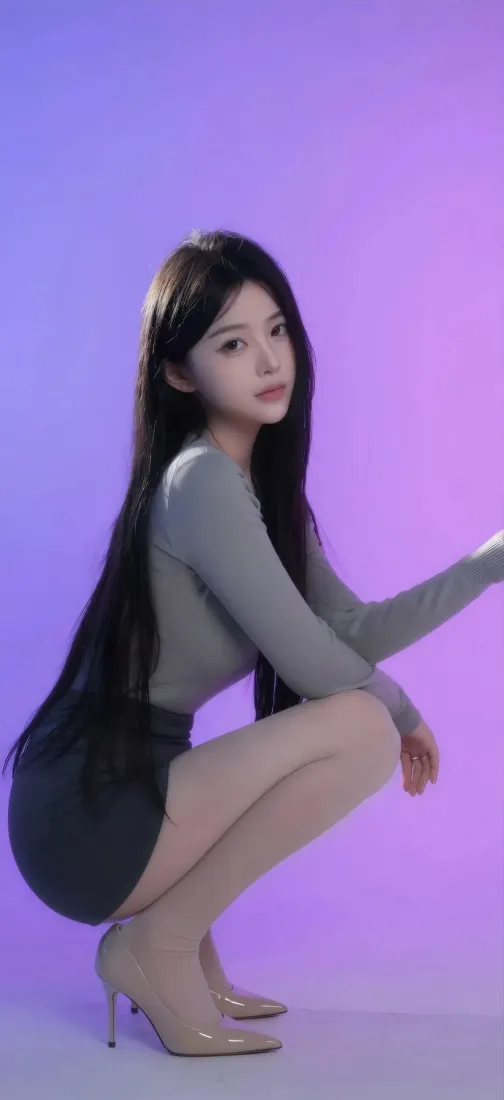 长发美女手机壁纸｜紫渐变背景 - 灰衣黑裙蹲姿写真「哲风壁纸」