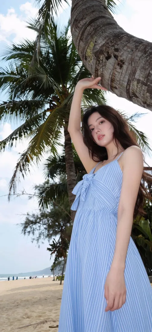 蓝裙美女海边手机壁纸｜椰树沙滩背景图片 - 清新夏日人像「哲风壁纸」