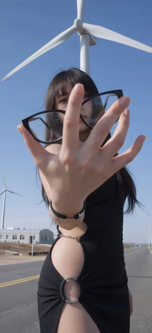 黑衣气质美女手机壁纸｜户外公路背景 - 黑框眼镜风机蓝天人像「哲风壁纸」