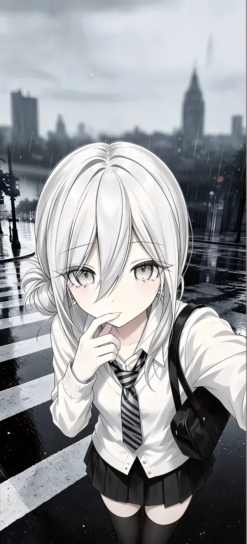 白发JK少女手机壁纸｜雨后城市背景图片 - 动漫二次元「哲风壁纸」