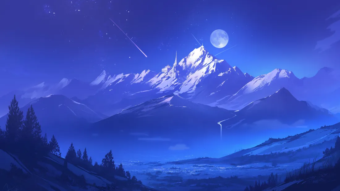 4k雪山月夜壁纸｜星空山脉背景图片 - 蓝色森林夜景「哲风壁纸」
