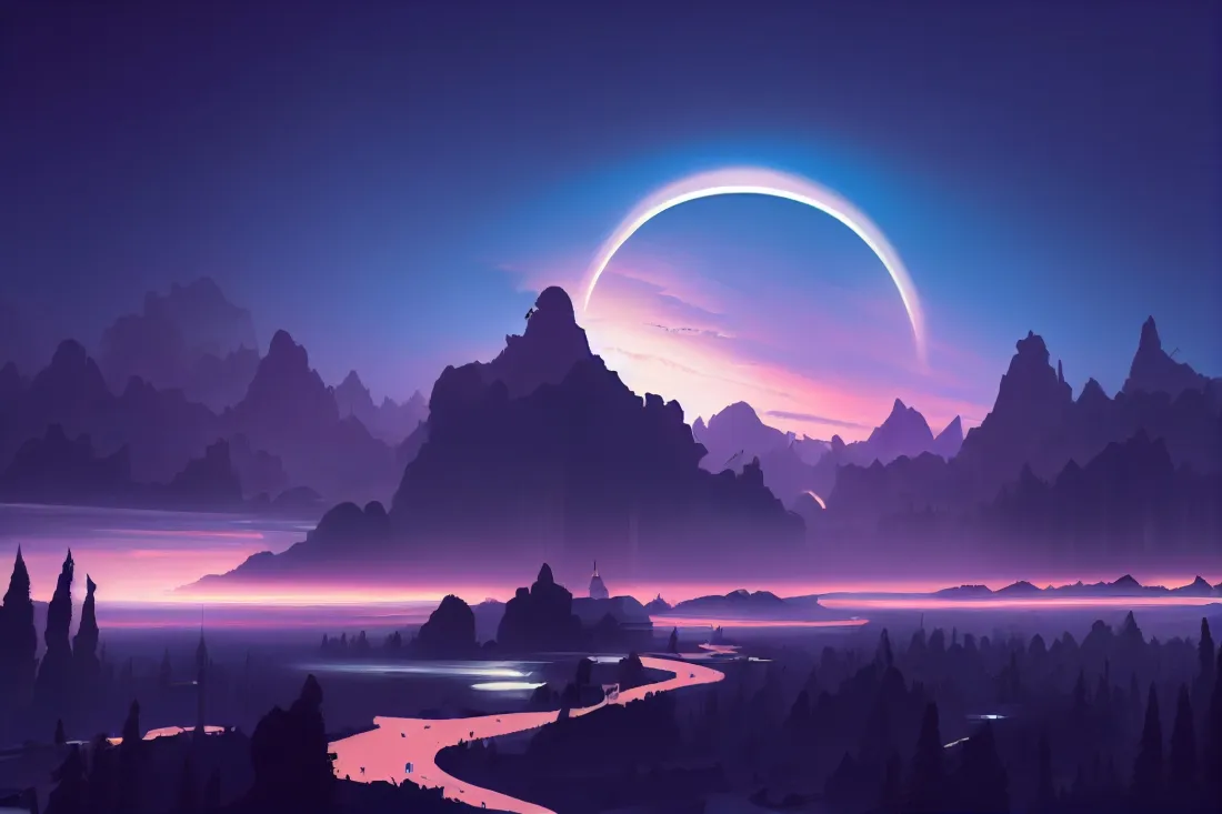 2k幻彩环形光山水｜紫粉暮色背景图片 - AI场景「哲风壁纸」