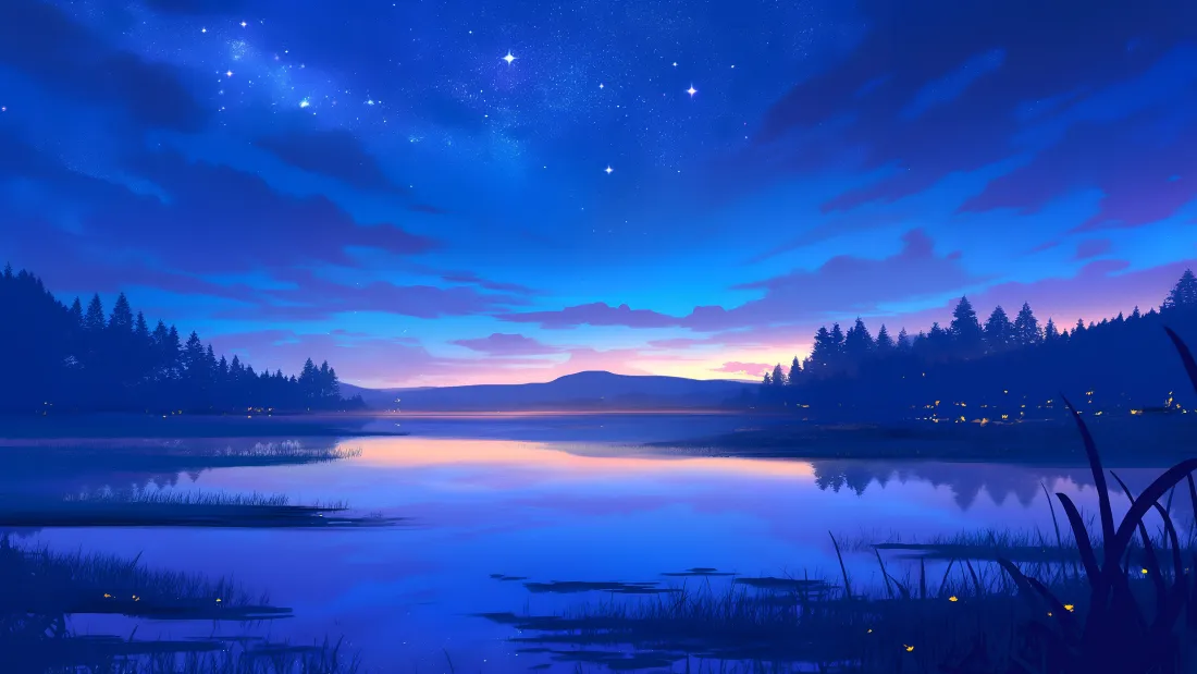 4k星空湖畔夜景壁纸｜蓝紫暮色背景图片 - 森林水面倒影「哲风壁纸」