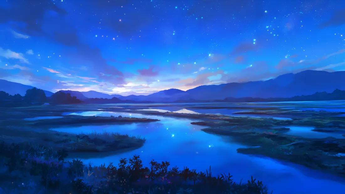 4k星空湿地壁纸｜蓝调湖景背景图片 - 远山夜幕「哲风壁纸」