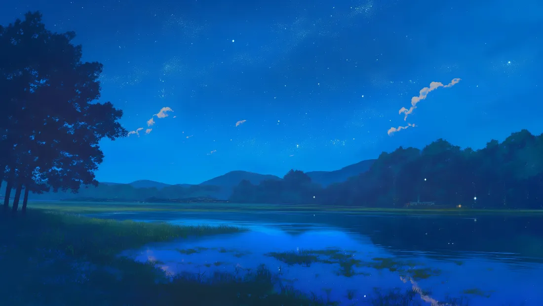 4k夜晚湖畔风景壁纸｜星空水面背景图片 - 治愈插画「哲风壁纸」