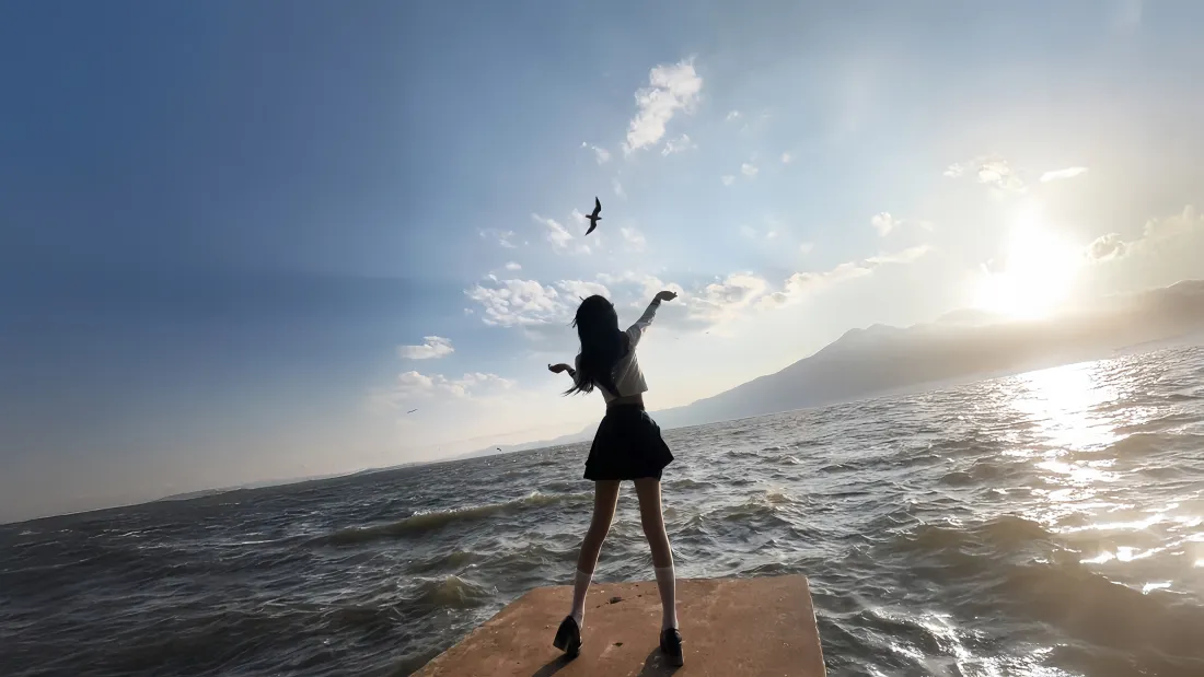 5k海边美女剪影壁纸｜背景图片 - 阳光海面飞鸟短裙少女「哲风壁纸」