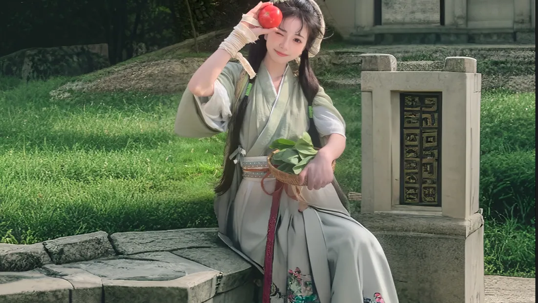 4k古风汉服美女壁纸｜庭院草地背景图片 - 手持红果油纸伞「哲风壁纸」