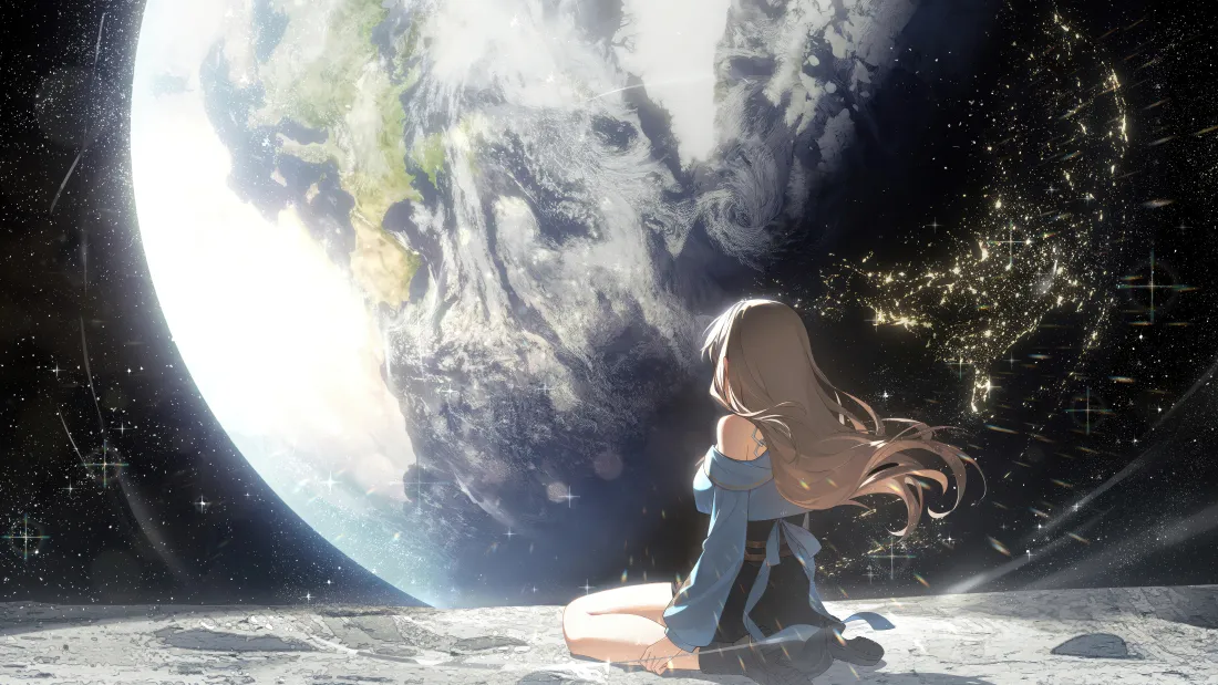 7k星球少女壁纸｜背景图片 - 月球地表仰望地球长发背影「哲风壁纸」