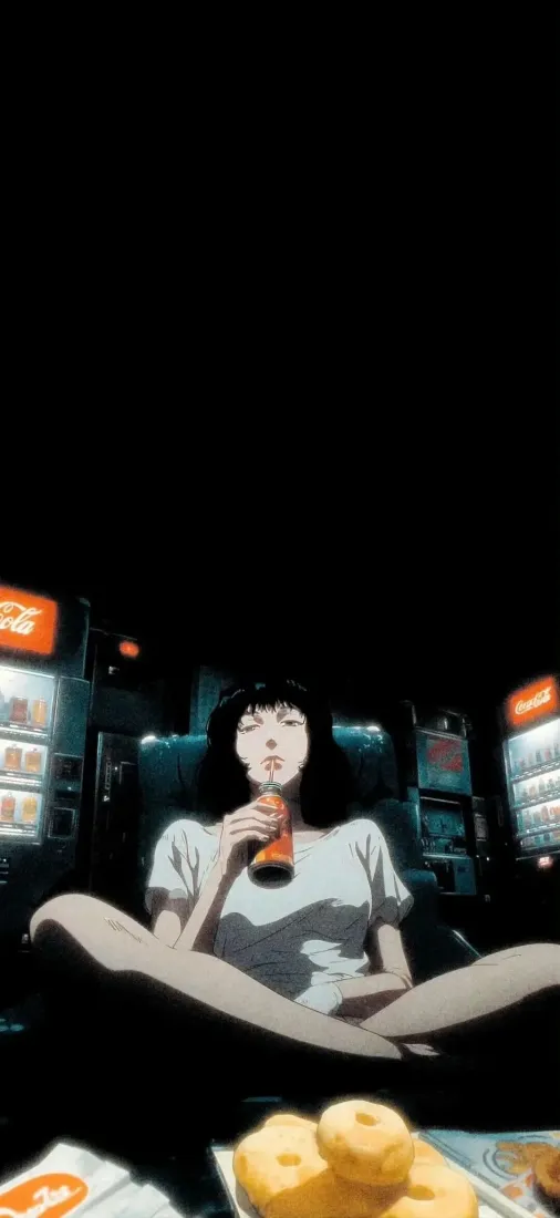 动漫少女手机壁纸｜夜晚售货机背景图片 - 黑发动漫女生喝饮料「哲风壁纸」