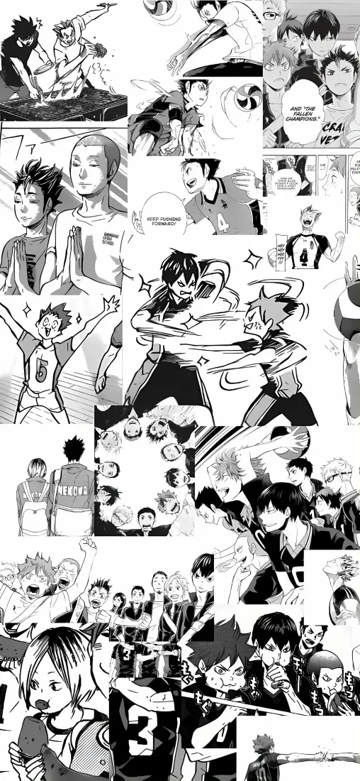排球少年｜黑白漫画拼贴背景图片 - 日向翔阳影山飞雄热血群像「哲风壁纸」