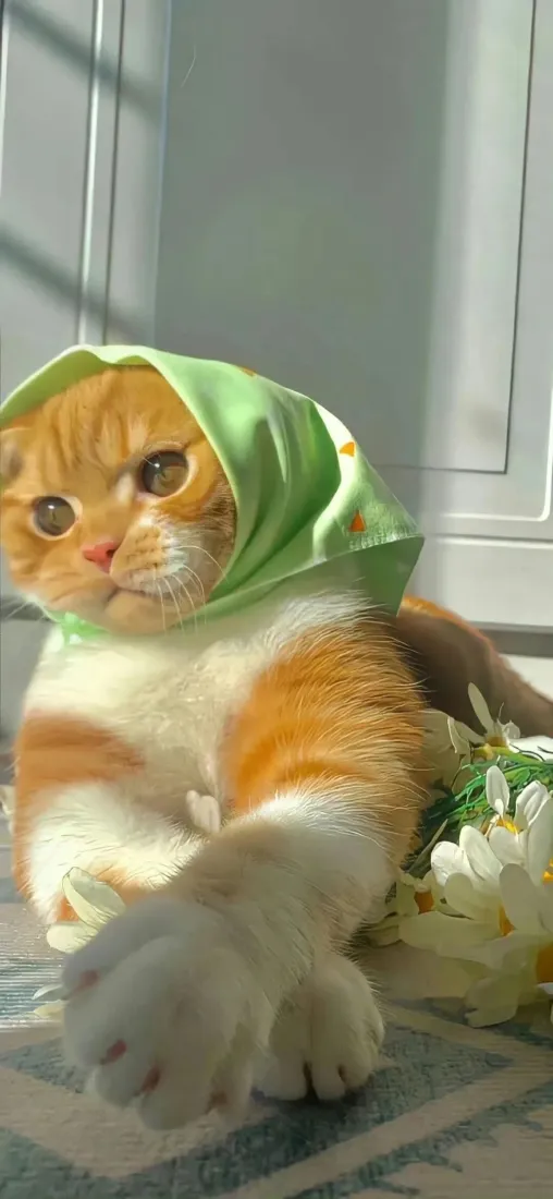 小橘猫手机壁纸｜室内背景图片 - 绿头巾可爱猫咪「哲风壁纸」