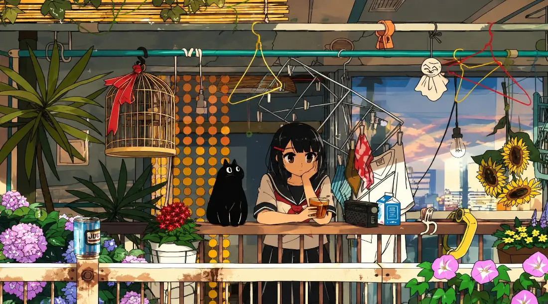 2k阳台少女黑猫｜像素风背景图片 - 治愈系花园插画「哲风壁纸」