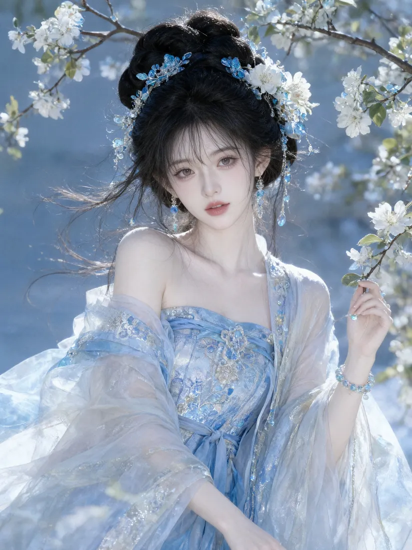 仙侠神女手机壁纸｜蓝裙古风背景图片 - 花下清冷少女「哲风壁纸」