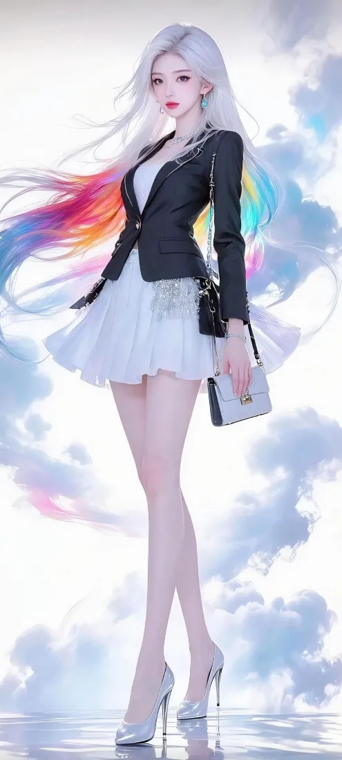彩虹长发美女手机壁纸｜西装短裙背景图片 - 时尚3D人像「哲风壁纸」