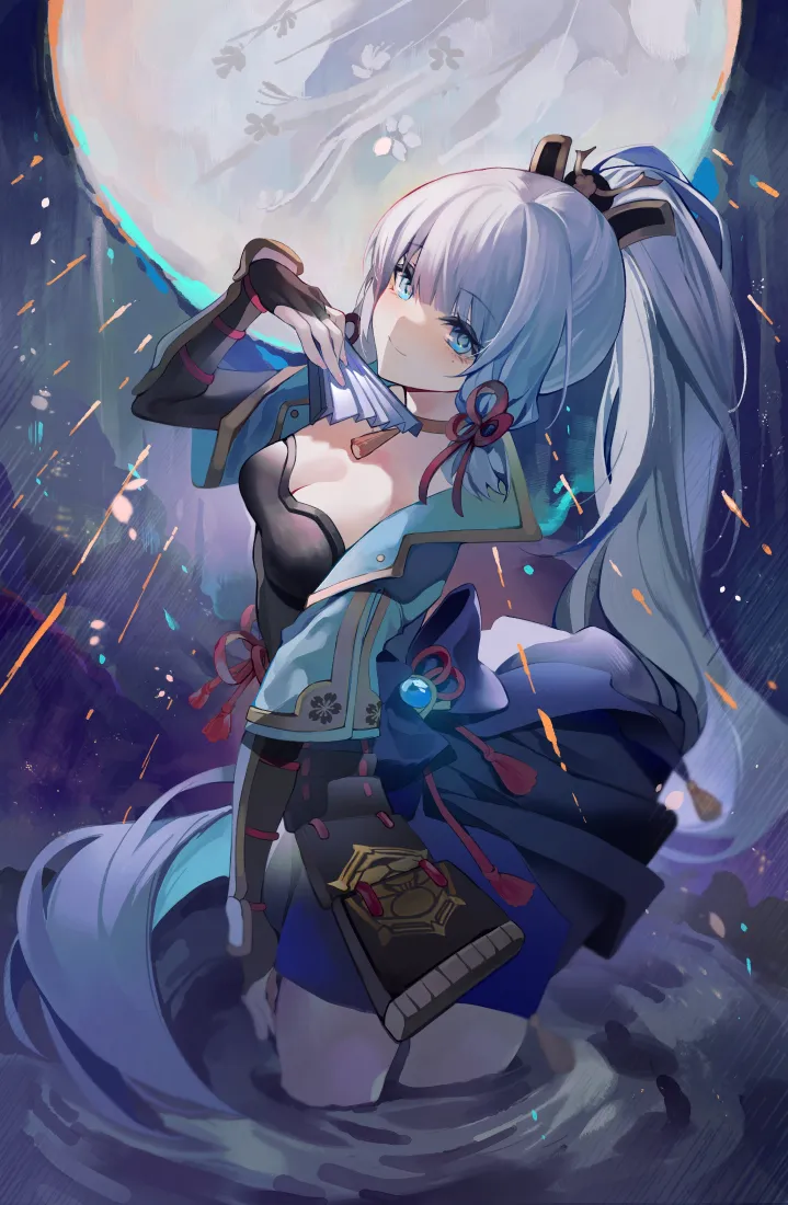二次元白发少女｜满月背景图片 - 蓝瞳单马尾女武士「哲风壁纸」