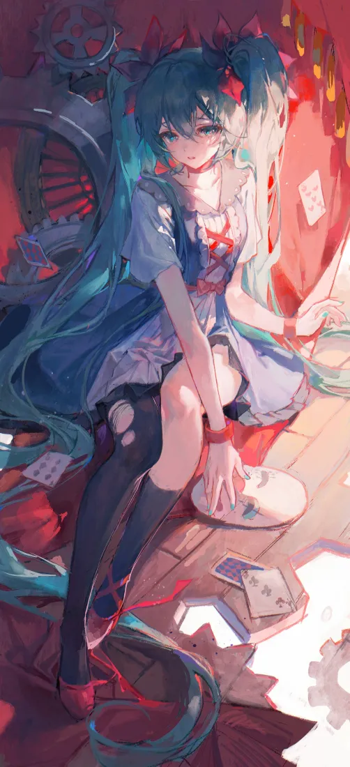 蓝发双马尾少女手机壁纸｜暗红房间背景 - 扑克黑丝二次元插画「哲风壁纸」