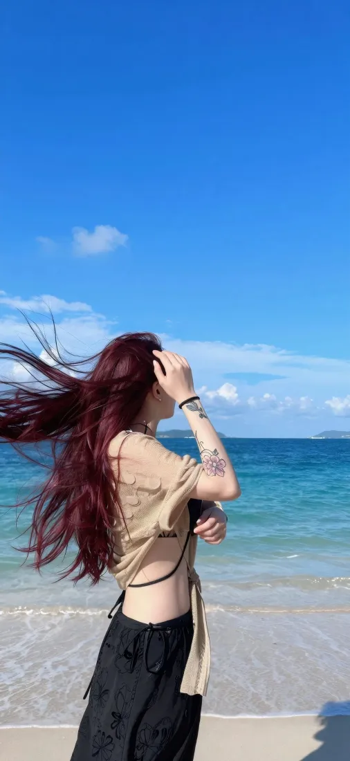 海边红发美女手机壁纸｜蓝天碧海背景图片 - 沙滩度假氛围感「哲风壁纸」