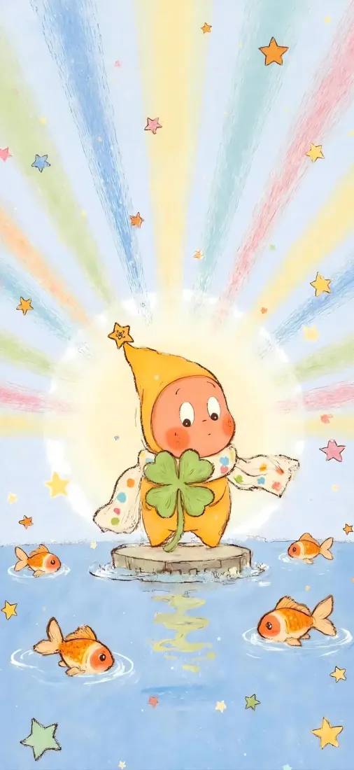星星人手机壁纸｜卡通背景图片 - 四叶草金鱼彩虹水面「哲风壁纸」